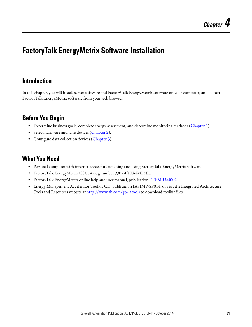 4 - factorytalk energymetrix software installation, Introduction, Before you begin | What you need, Chapter 4, Factorytalk energymetrix software installation, Introduction before you begin what you need, Chapter | Rockwell Automation Energy Management Accelerator Toolkit Quick Start User Manual | Page 91 / 452