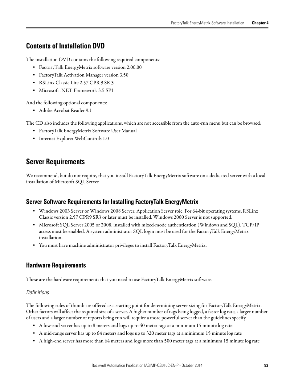 Contents of installation dvd, Server requirements, Contents of installation dvd server requirements | Rockwell Automation Energy Management Accelerator Toolkit Quick Start User Manual | Page 93 / 452