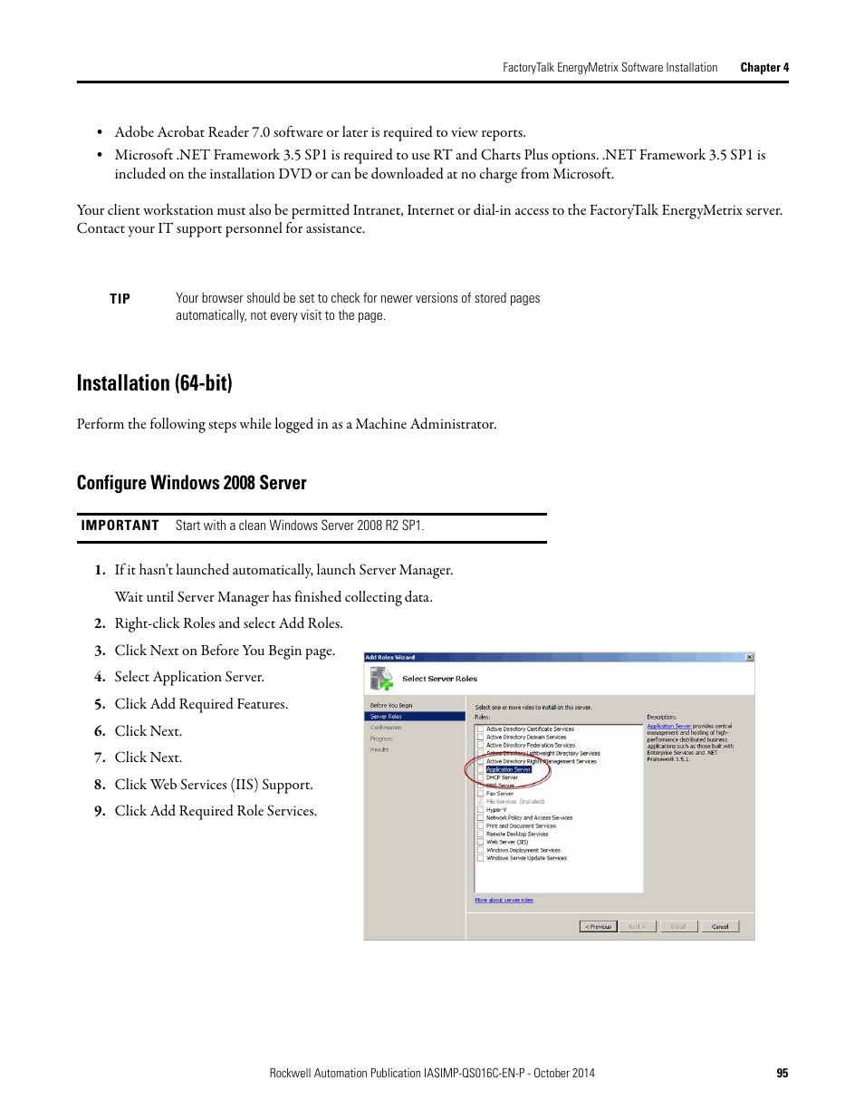 Installation (64-bit), Configure windows 2008 server | Rockwell Automation Energy Management Accelerator Toolkit Quick Start User Manual | Page 95 / 452