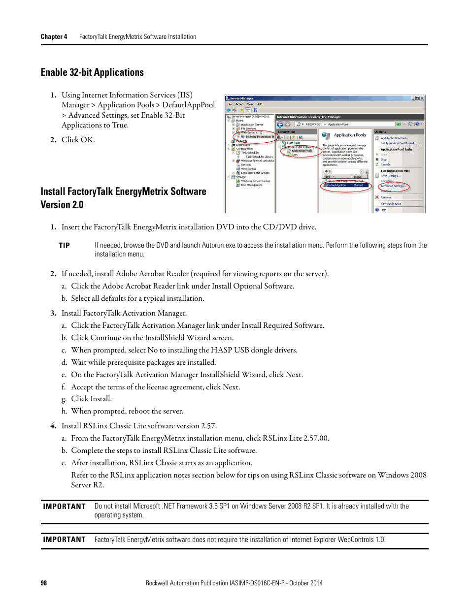 Enable 32-bit applications, Install factorytalk energymetrix, Software version 2.0 | Rockwell Automation Energy Management Accelerator Toolkit Quick Start User Manual | Page 98 / 452