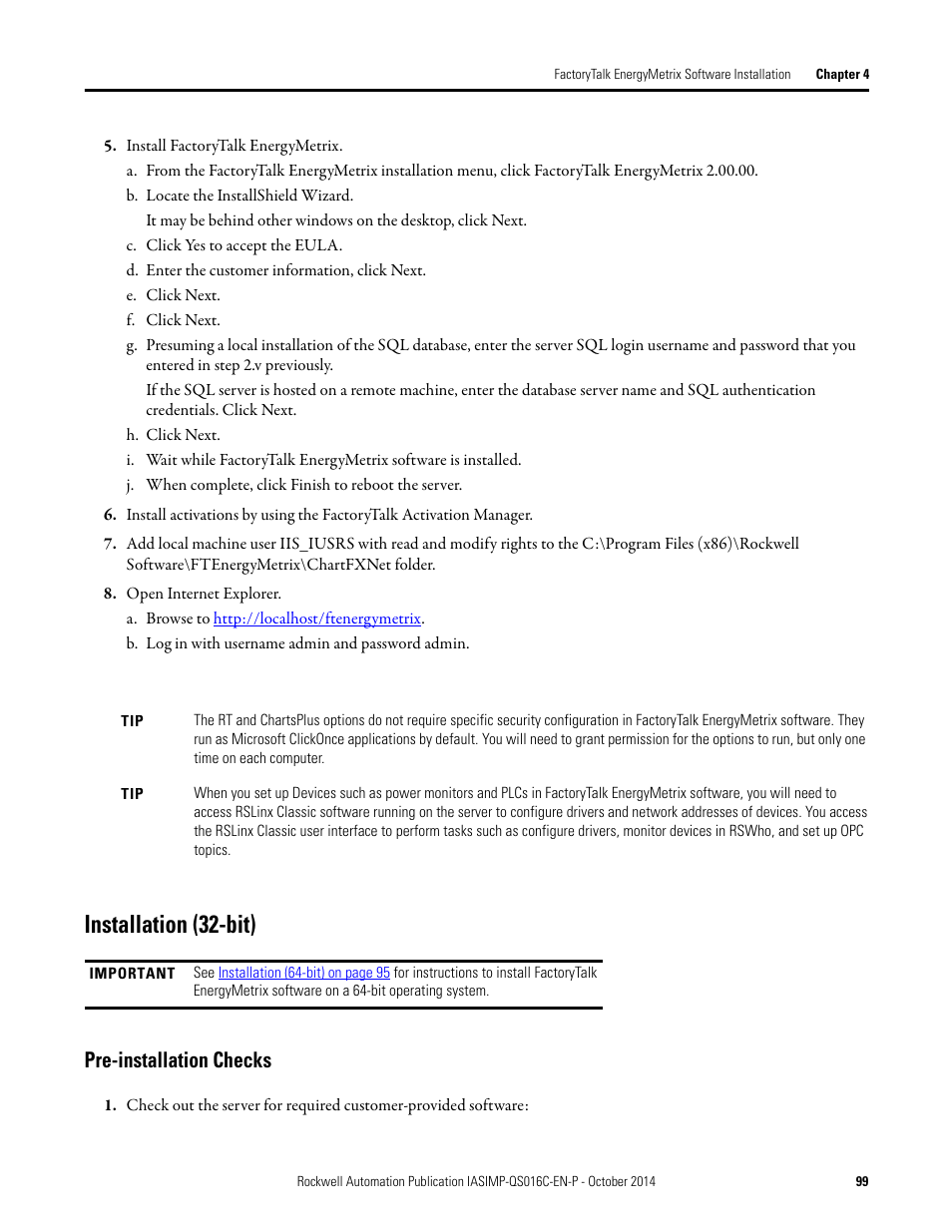 Installation (32-bit), Pre-installation checks | Rockwell Automation Energy Management Accelerator Toolkit Quick Start User Manual | Page 99 / 452