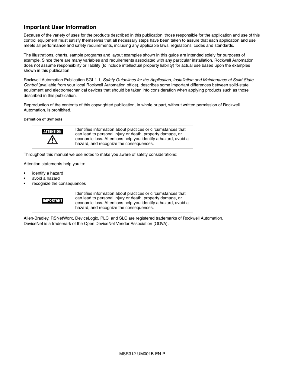Important user information | Rockwell Automation 440R MSR312 Configurable Monitoring Safety Relay w/DeviceNet Communications User Manual | Page 2 / 56