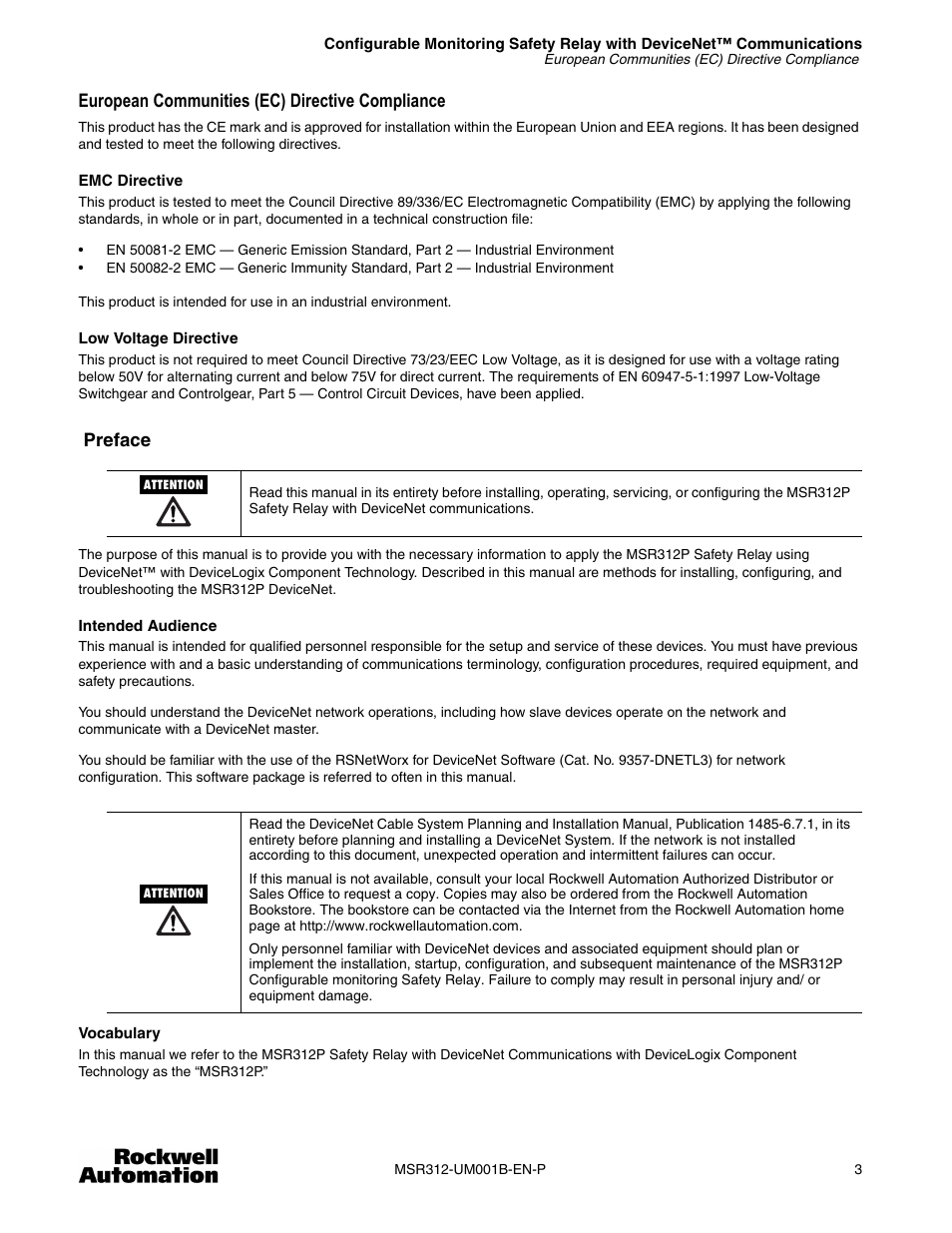 European communities (ec) directive compliance, Preface | Rockwell Automation 440R MSR312 Configurable Monitoring Safety Relay w/DeviceNet Communications User Manual | Page 3 / 56