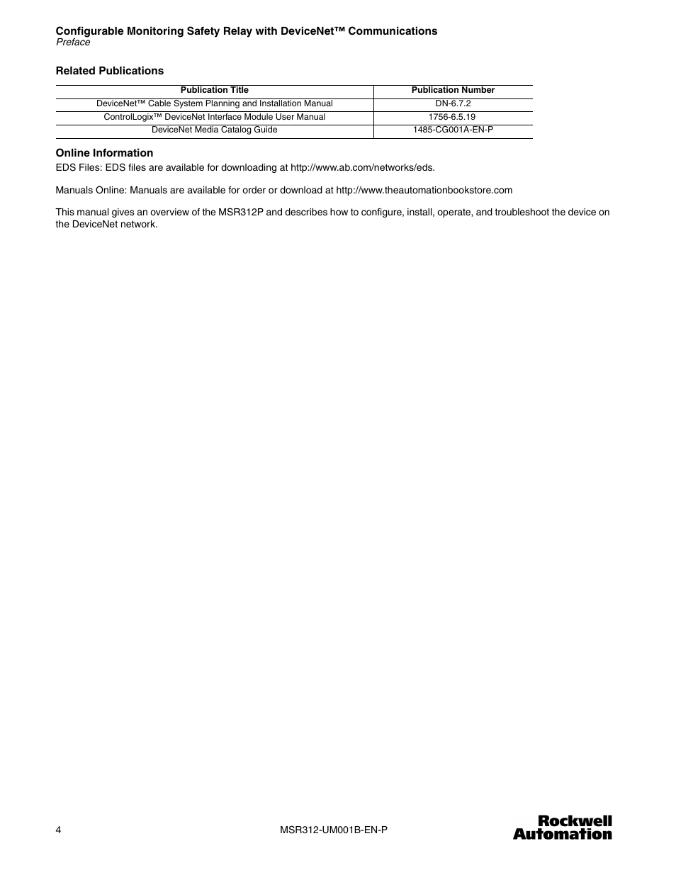 Rockwell Automation 440R MSR312 Configurable Monitoring Safety Relay w/DeviceNet Communications User Manual | Page 4 / 56