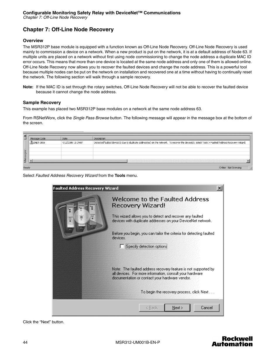 Chapter 7: off-line node recovery | Rockwell Automation 440R MSR312 Configurable Monitoring Safety Relay w/DeviceNet Communications User Manual | Page 44 / 56