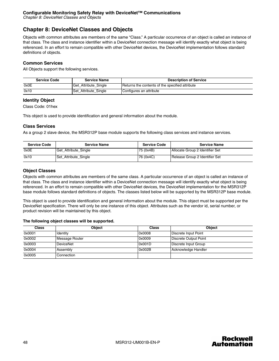 Chapter 8: devicenet classes and objects | Rockwell Automation 440R MSR312 Configurable Monitoring Safety Relay w/DeviceNet Communications User Manual | Page 48 / 56