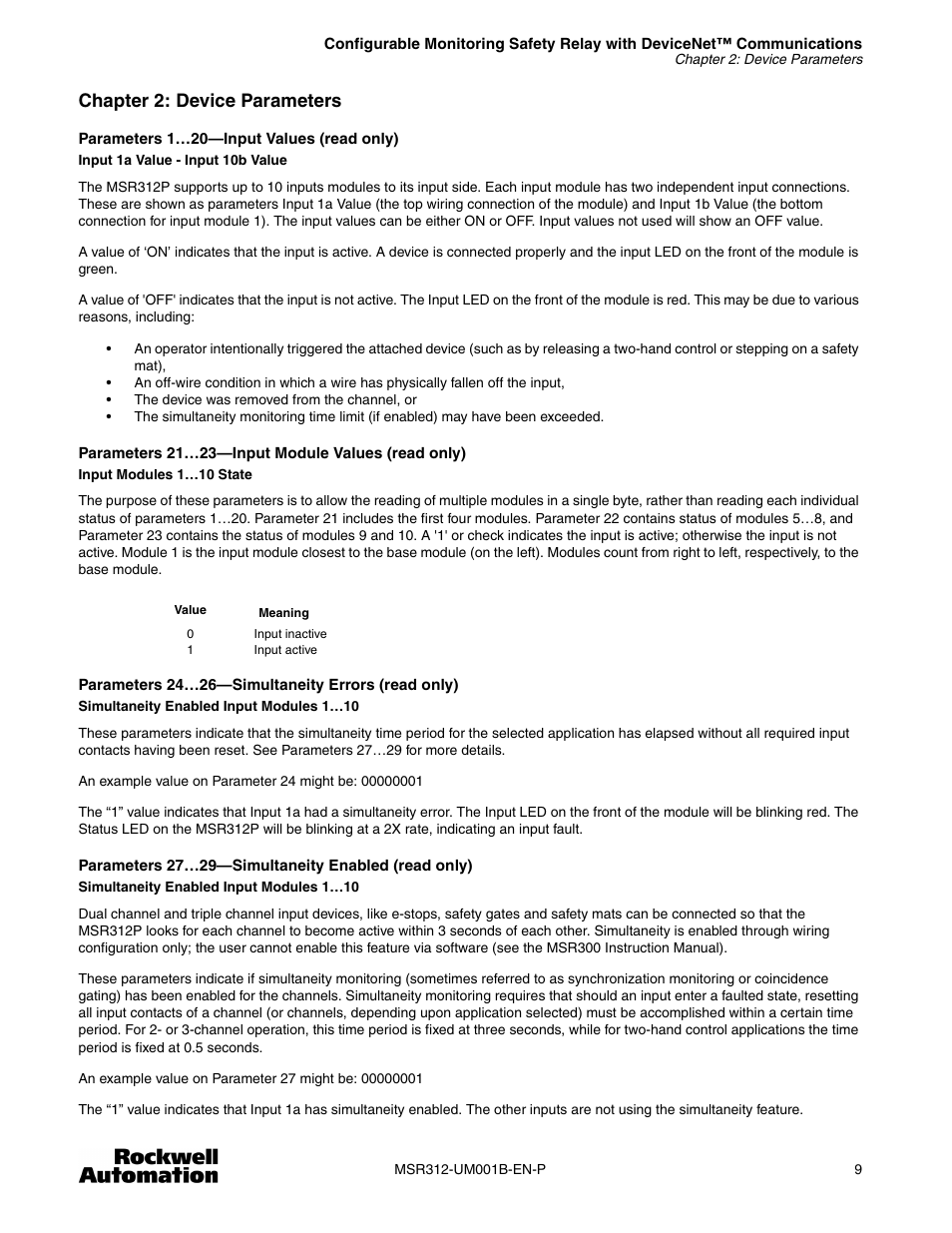 Chapter 2: device parameters | Rockwell Automation 440R MSR312 Configurable Monitoring Safety Relay w/DeviceNet Communications User Manual | Page 9 / 56