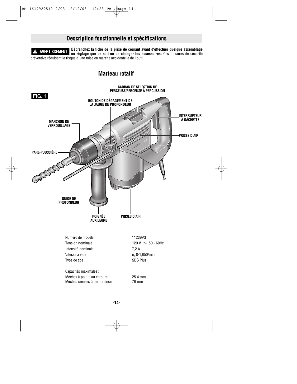 Description fonctionnelle et spécifications, Marteau rotatif | Bosch 11239VS User Manual | Page 14 / 28