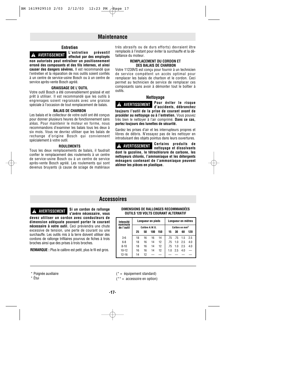 Accessoires, Maintenance | Bosch 11239VS User Manual | Page 17 / 28