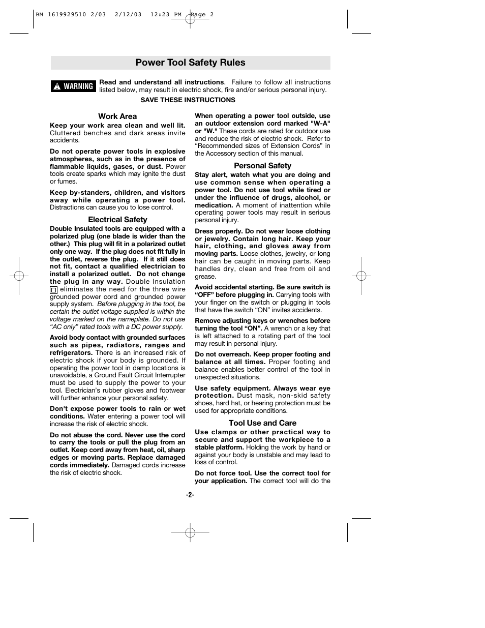 Power tool safety rules | Bosch 11239VS User Manual | Page 2 / 28