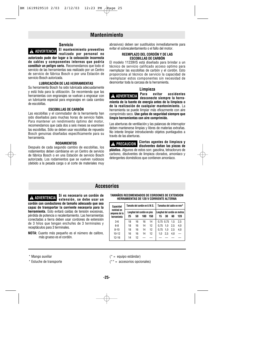 Accesorios, Mantenimiento | Bosch 11239VS User Manual | Page 25 / 28