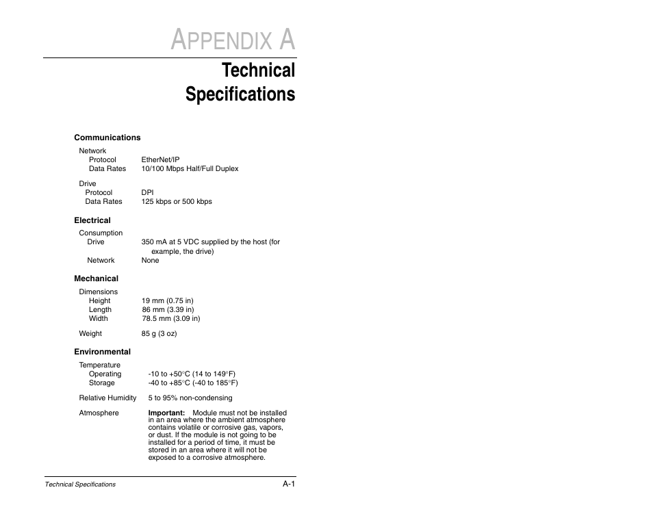 Ppendix, Technical specifications | Rockwell Automation RECOMM-ENET EtherNet/IP Communications Module User Manual | Page 117 / 194