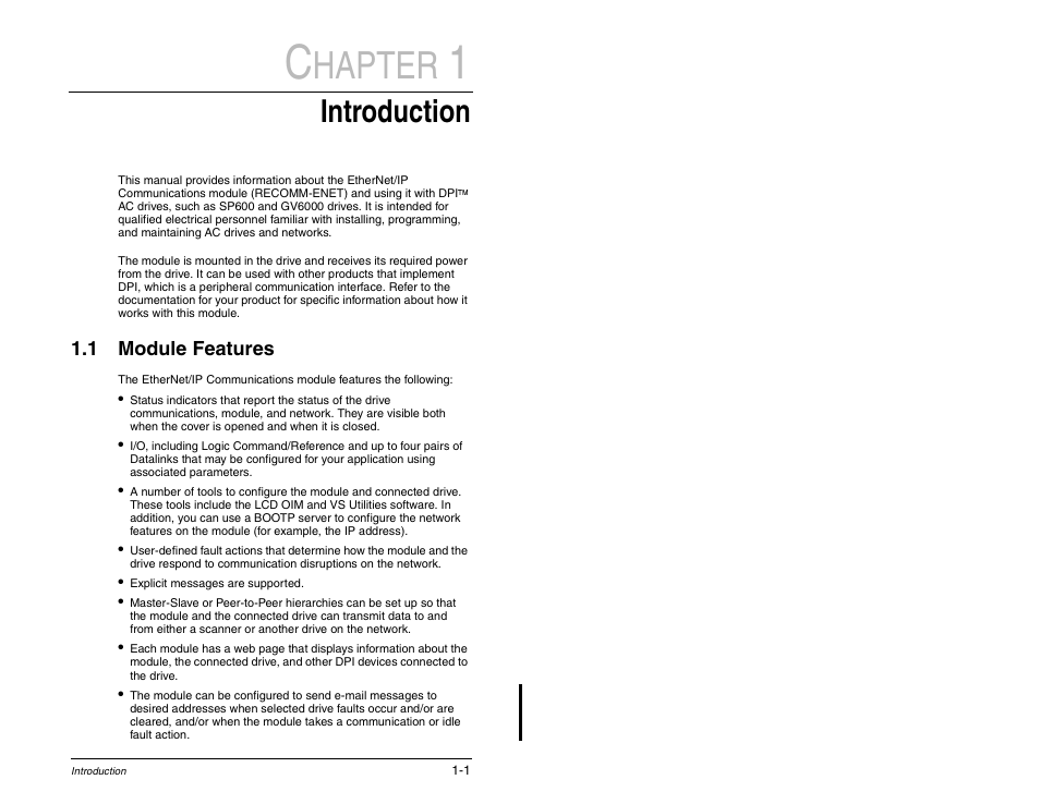 Hapter, Introduction | Rockwell Automation RECOMM-ENET EtherNet/IP Communications Module User Manual | Page 13 / 194