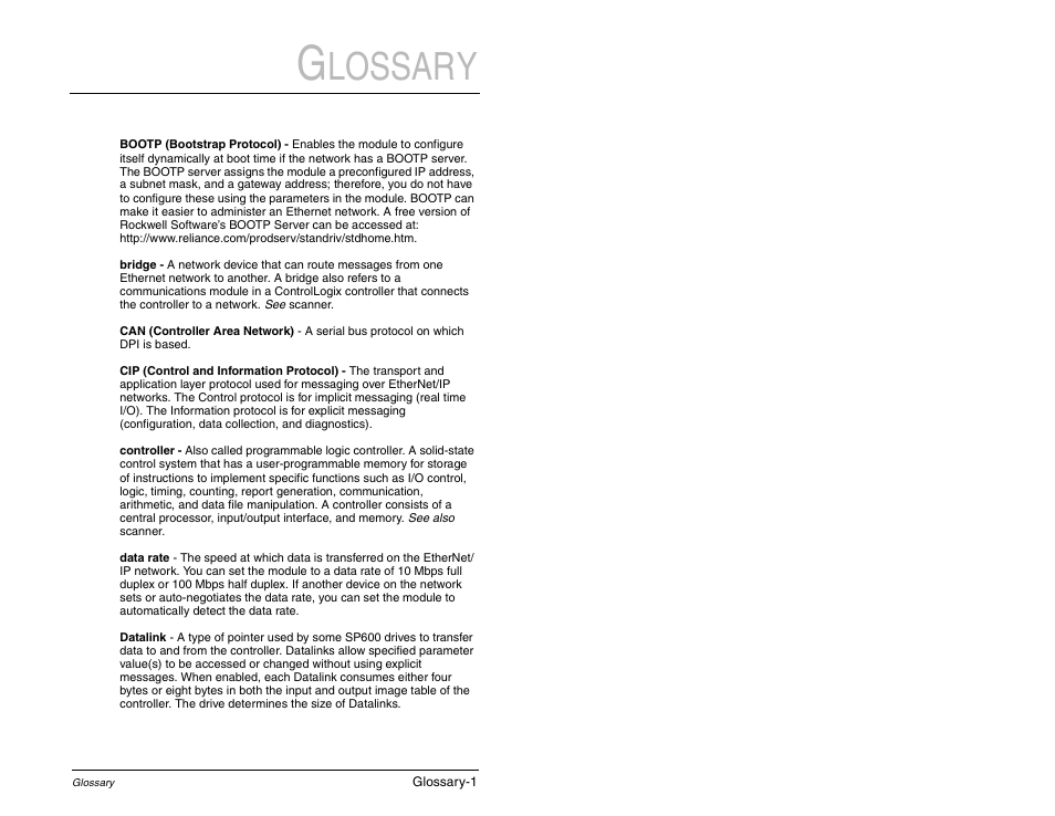 Lossary | Rockwell Automation RECOMM-ENET EtherNet/IP Communications Module User Manual | Page 179 / 194