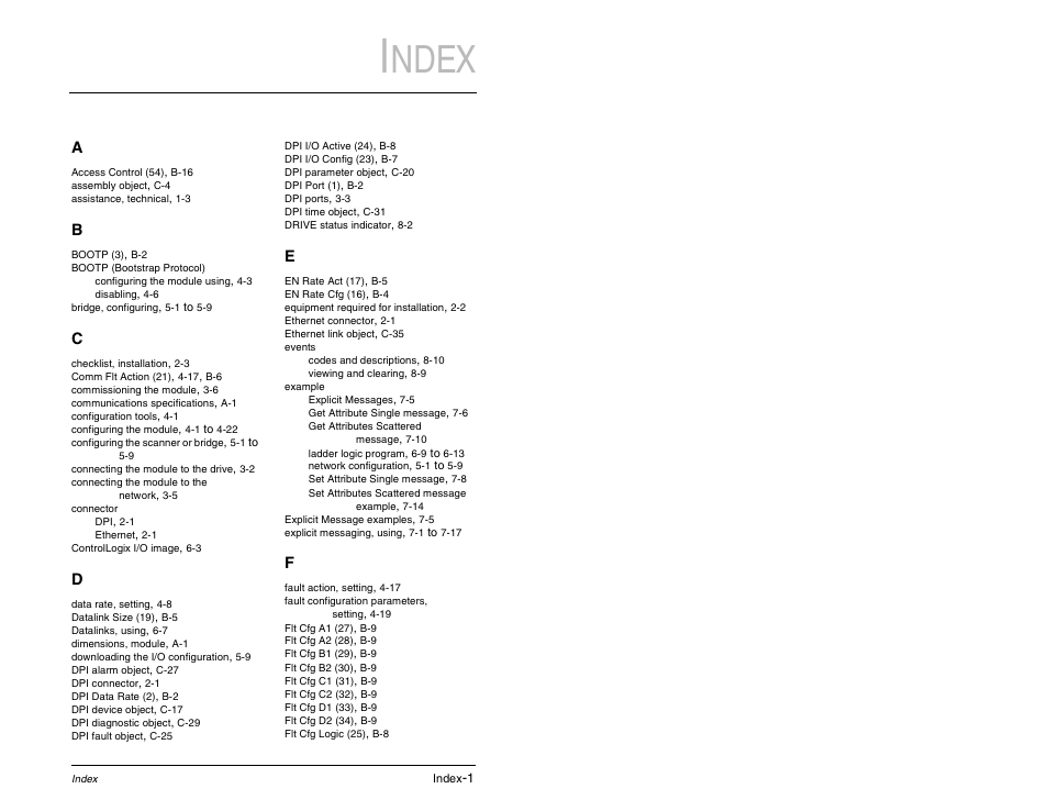 Ndex | Rockwell Automation RECOMM-ENET EtherNet/IP Communications Module User Manual | Page 187 / 194