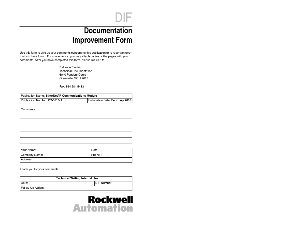 Documentation improvement form | Rockwell Automation RECOMM-ENET EtherNet/IP Communications Module User Manual | Page 191 / 194