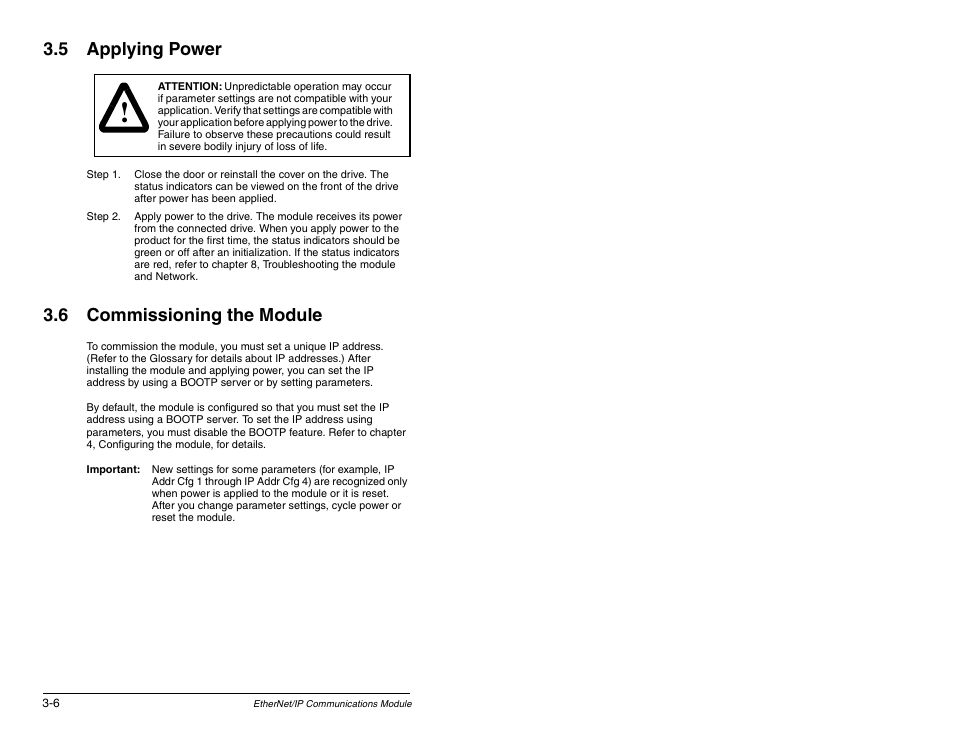 5 applying power, 6 commissioning the module | Rockwell Automation RECOMM-ENET EtherNet/IP Communications Module User Manual | Page 26 / 194