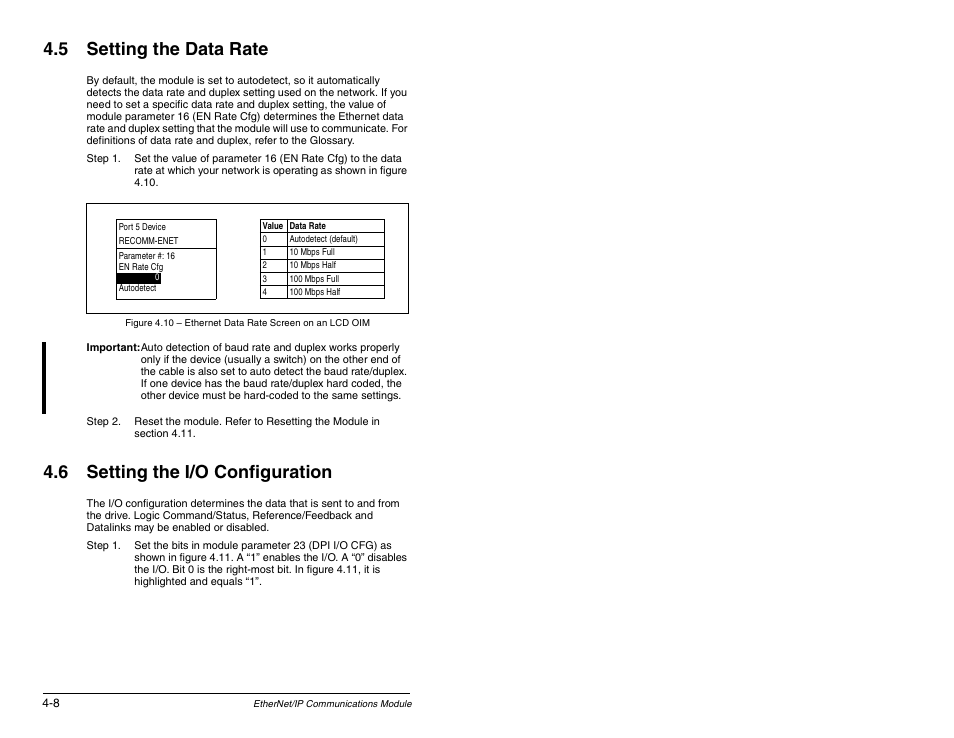 5 setting the data rate, 6 setting the i/o configuration | Rockwell Automation RECOMM-ENET EtherNet/IP Communications Module User Manual | Page 34 / 194
