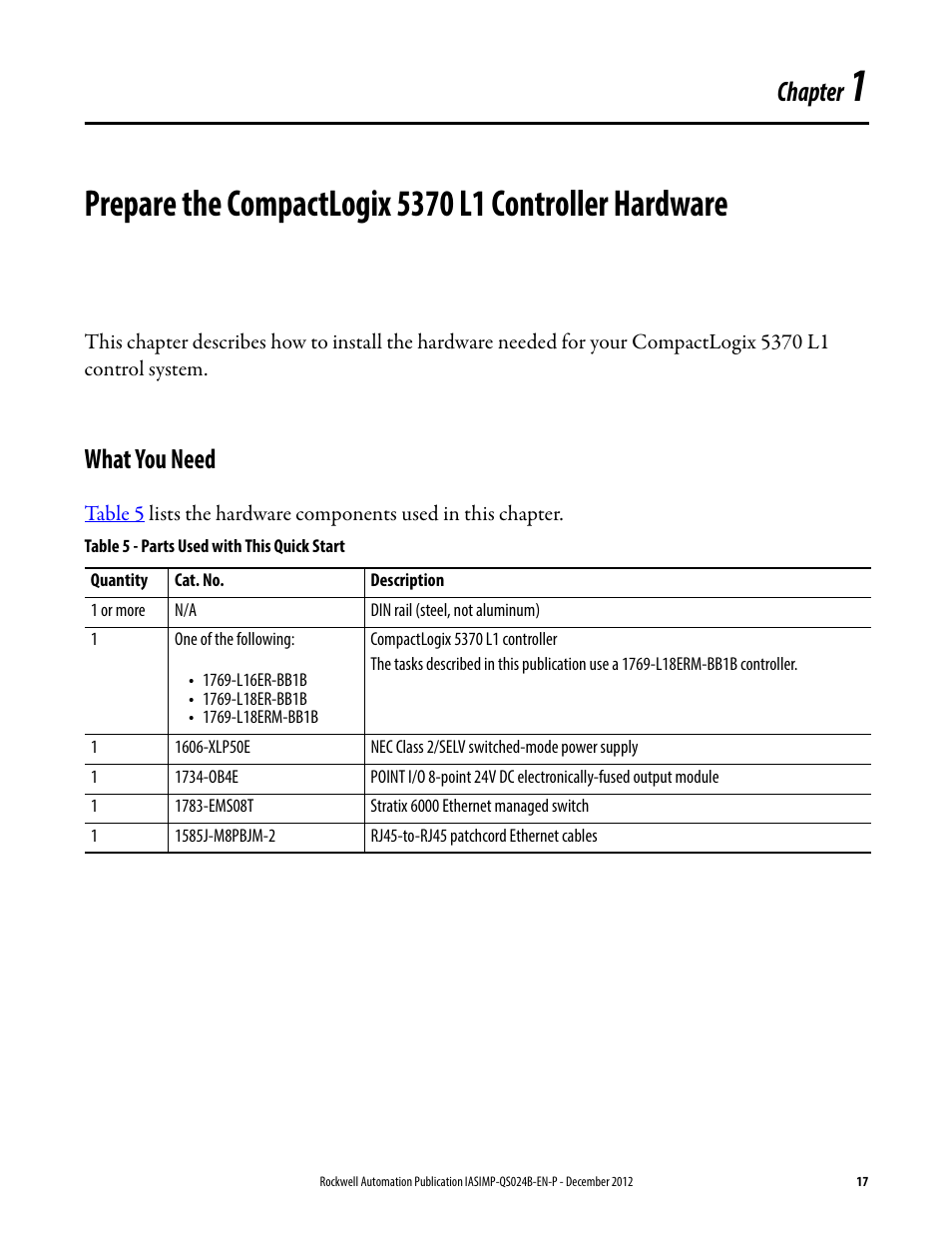 What you need, Prepare the compactlogix 5370 l1, Controller hardware | Chapter 1, Chapter | Rockwell Automation 1769-L16ER-BB1B_L18ER-BB1B_L18ERM-BB1B CompactLogix 5370 L1 Controllers System Quick Start User Manual | Page 17 / 76