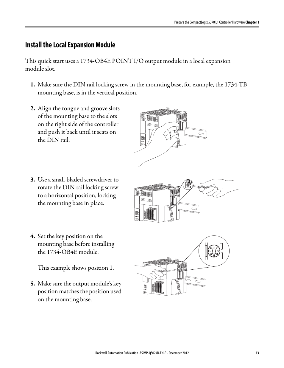 Install the local expansion module, Install the local, Expansion module | Rockwell Automation 1769-L16ER-BB1B_L18ER-BB1B_L18ERM-BB1B CompactLogix 5370 L1 Controllers System Quick Start User Manual | Page 23 / 76