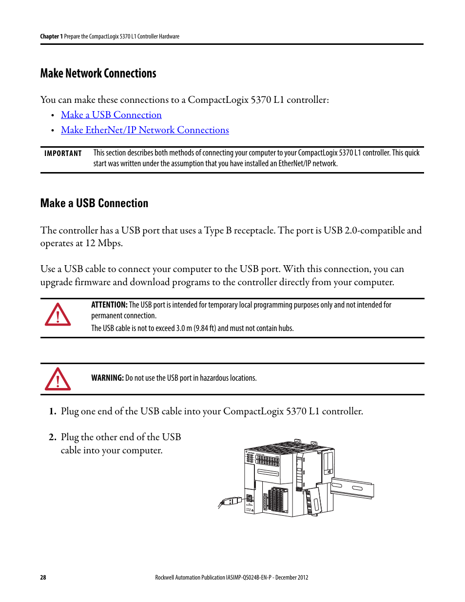 Make network connections, Make a usb connection, Make network | Connections | Rockwell Automation 1769-L16ER-BB1B_L18ER-BB1B_L18ERM-BB1B CompactLogix 5370 L1 Controllers System Quick Start User Manual | Page 28 / 76