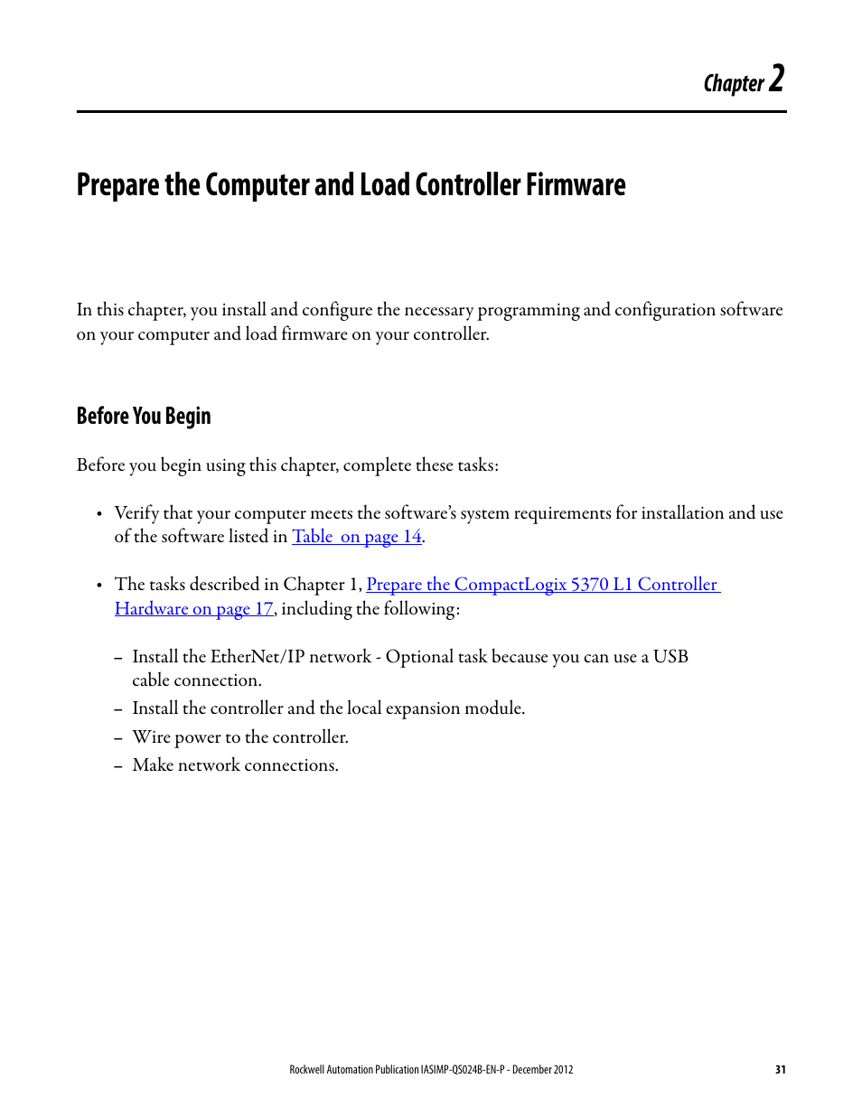 Before you begin, Prepare the computer and load, Controller firmware | Chapter 2, Prepare the computer and load controller firmware, Chapter | Rockwell Automation 1769-L16ER-BB1B_L18ER-BB1B_L18ERM-BB1B CompactLogix 5370 L1 Controllers System Quick Start User Manual | Page 31 / 76