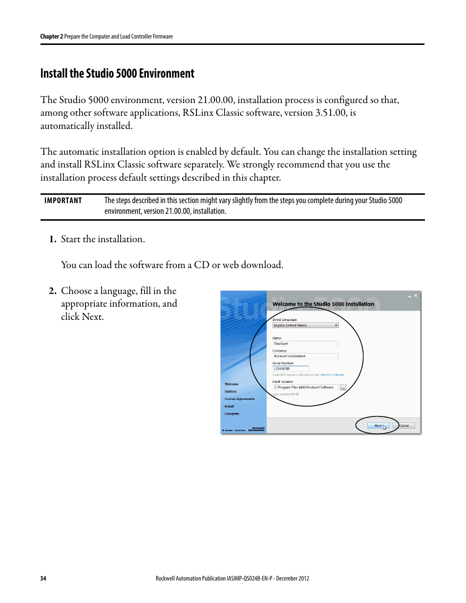 Install the studio 5000 environment, Install the studio 5000, Environment | Rockwell Automation 1769-L16ER-BB1B_L18ER-BB1B_L18ERM-BB1B CompactLogix 5370 L1 Controllers System Quick Start User Manual | Page 34 / 76