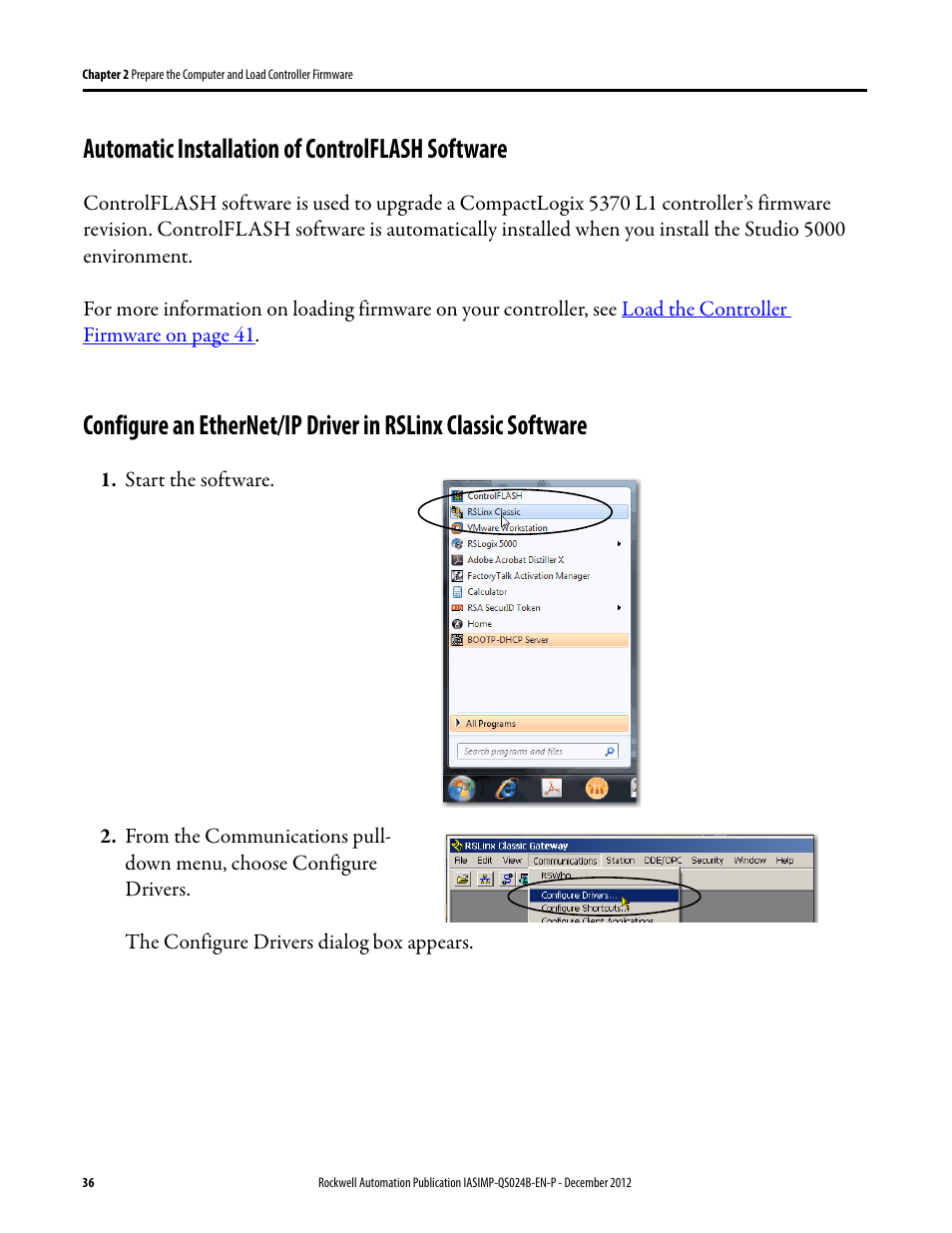 Automatic installation of controlflash software, Configure an ethernet/ip, Driver in rslinx classic | Software | Rockwell Automation 1769-L16ER-BB1B_L18ER-BB1B_L18ERM-BB1B CompactLogix 5370 L1 Controllers System Quick Start User Manual | Page 36 / 76
