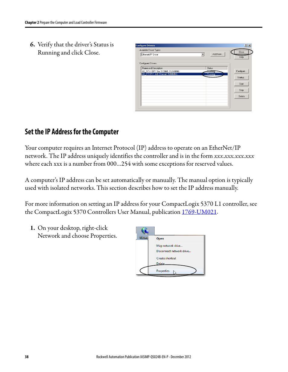 Set the ip address for the computer, Set the ip address for, The computer | Rockwell Automation 1769-L16ER-BB1B_L18ER-BB1B_L18ERM-BB1B CompactLogix 5370 L1 Controllers System Quick Start User Manual | Page 38 / 76