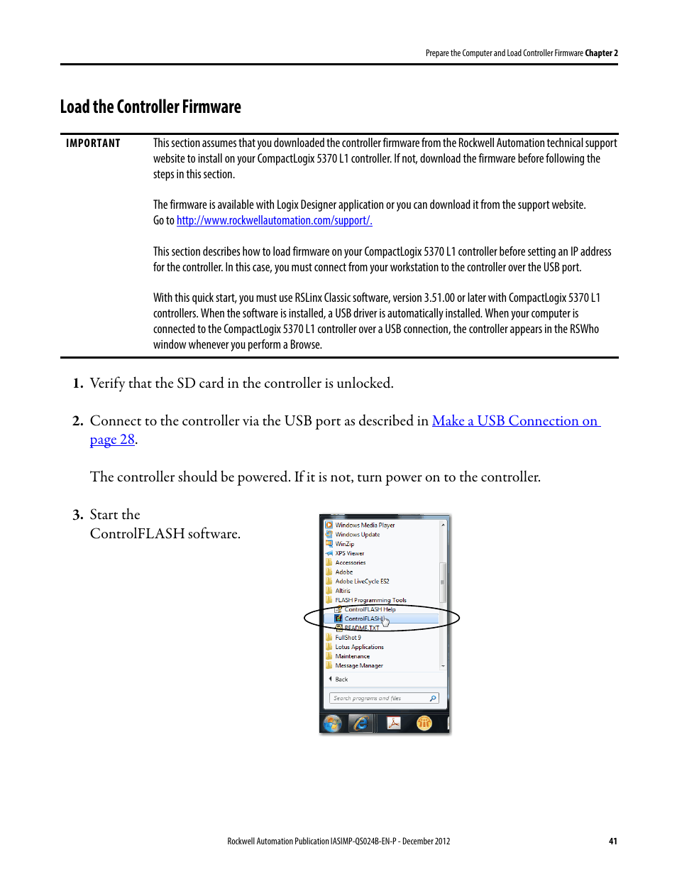 Load the controller firmware, Load the controller, Firmware | Rockwell Automation 1769-L16ER-BB1B_L18ER-BB1B_L18ERM-BB1B CompactLogix 5370 L1 Controllers System Quick Start User Manual | Page 41 / 76
