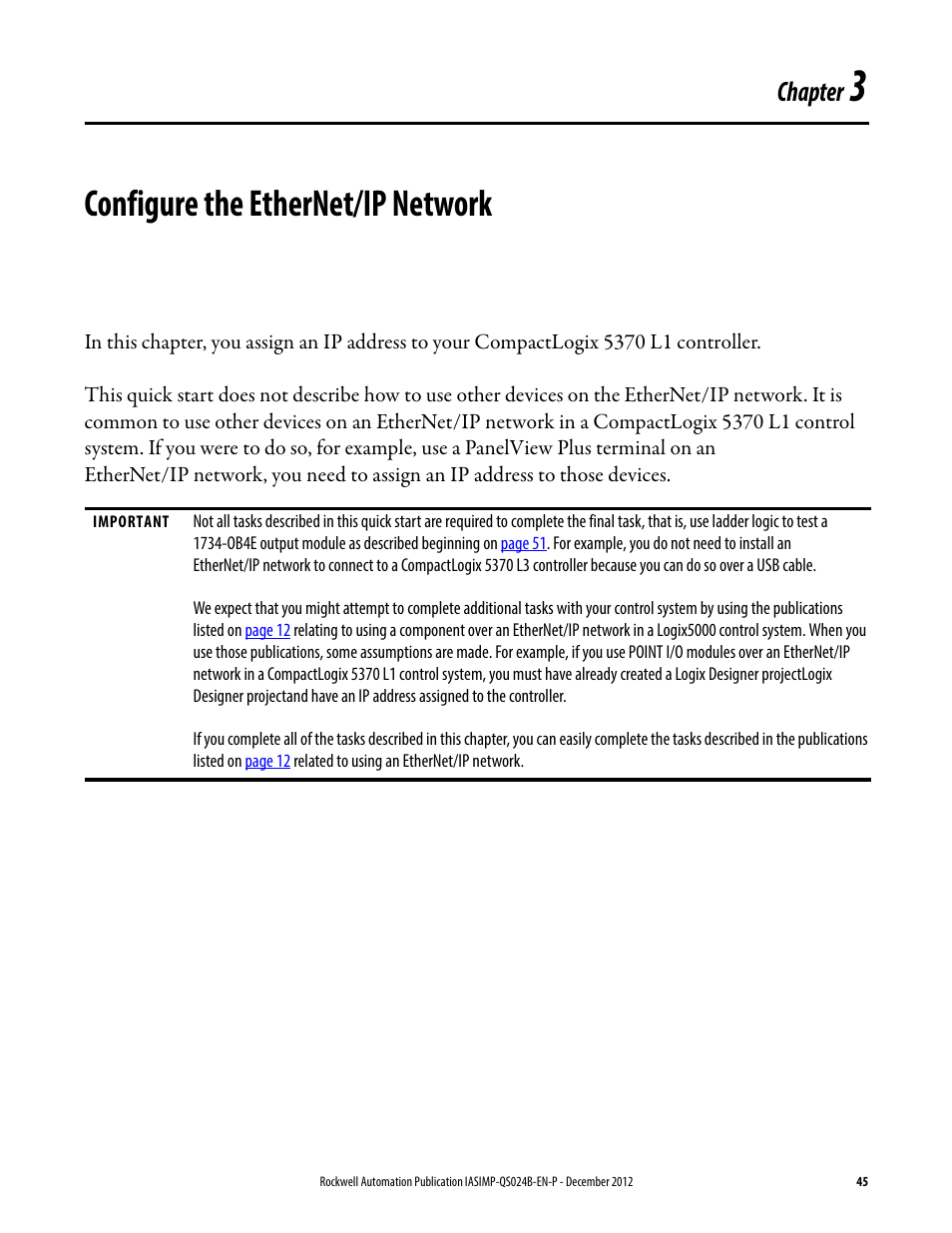 3 - configure the ethernet/ip network, Configure the ethernet/ip, Network | Chapter 3, Configure the ethernet/ip network, E chapter 3, Chapter | Rockwell Automation 1769-L16ER-BB1B_L18ER-BB1B_L18ERM-BB1B CompactLogix 5370 L1 Controllers System Quick Start User Manual | Page 45 / 76