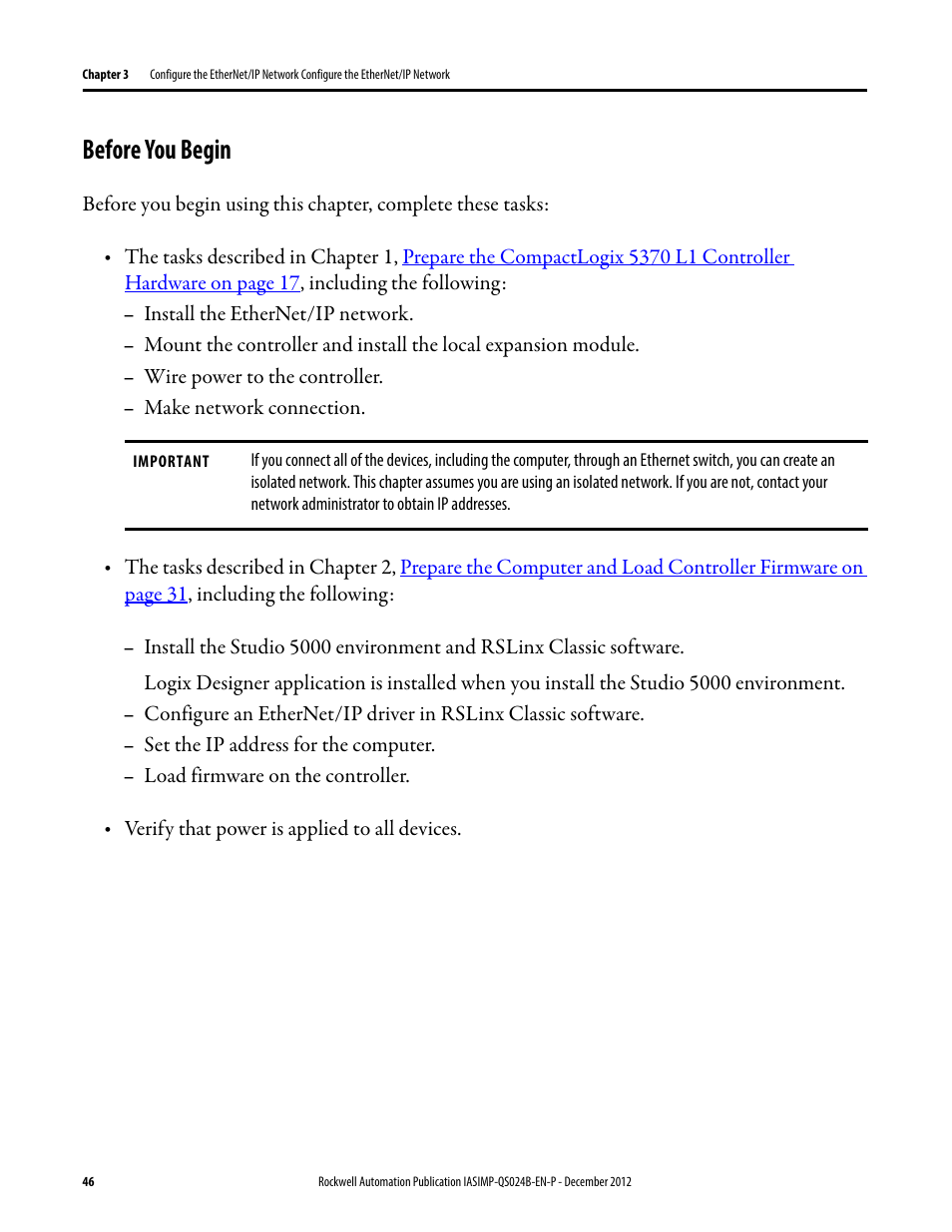 Before you begin | Rockwell Automation 1769-L16ER-BB1B_L18ER-BB1B_L18ERM-BB1B CompactLogix 5370 L1 Controllers System Quick Start User Manual | Page 46 / 76