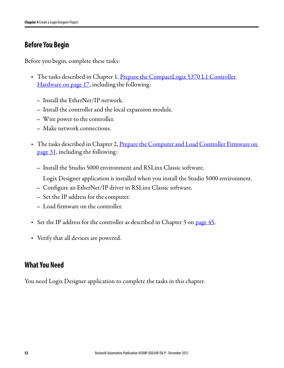 Before you begin, What you need, Before you begin what you need | Rockwell Automation 1769-L16ER-BB1B_L18ER-BB1B_L18ERM-BB1B CompactLogix 5370 L1 Controllers System Quick Start User Manual | Page 52 / 76