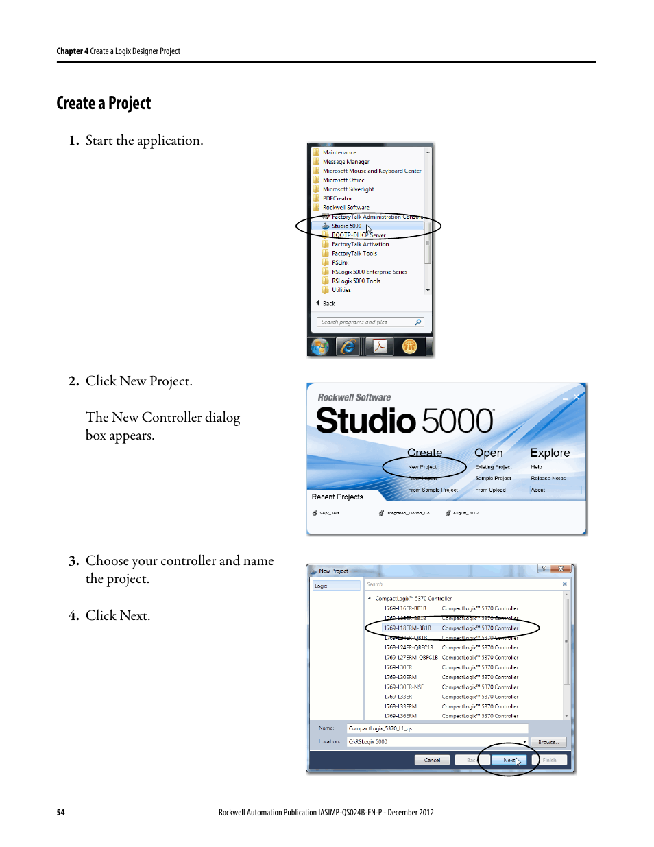 Create a project | Rockwell Automation 1769-L16ER-BB1B_L18ER-BB1B_L18ERM-BB1B CompactLogix 5370 L1 Controllers System Quick Start User Manual | Page 54 / 76