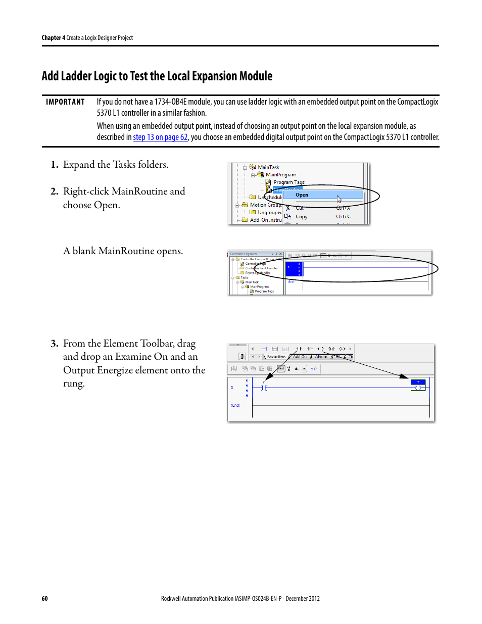 Add ladder logic to test, The local expansion, Module | Rockwell Automation 1769-L16ER-BB1B_L18ER-BB1B_L18ERM-BB1B CompactLogix 5370 L1 Controllers System Quick Start User Manual | Page 60 / 76