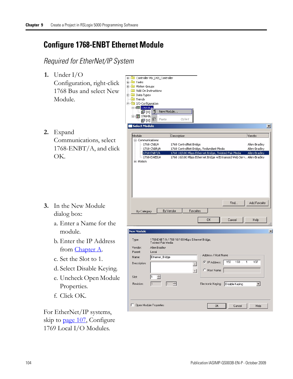 Configure 1768-enbt ethernet module, Configure, 1768-enbt | Ethernet module, Required for ethernet/ip system | Rockwell Automation 1768-L43 CompactLogix System Quick Start User Manual | Page 104 / 205