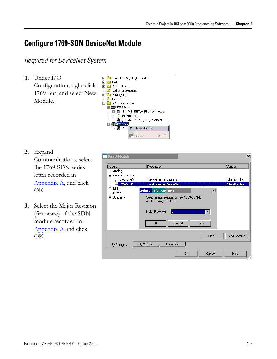 Configure 1769-sdn devicenet module, Configure, 1769-sdn | Devicenet module, Required for devicenet system | Rockwell Automation 1768-L43 CompactLogix System Quick Start User Manual | Page 105 / 205