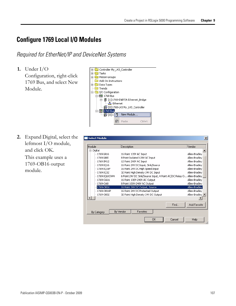 Configure 1769 local i/o modules, Configure 1769, Local i/o modules | Configure, Required for ethernet/ip and devicenet systems | Rockwell Automation 1768-L43 CompactLogix System Quick Start User Manual | Page 107 / 205