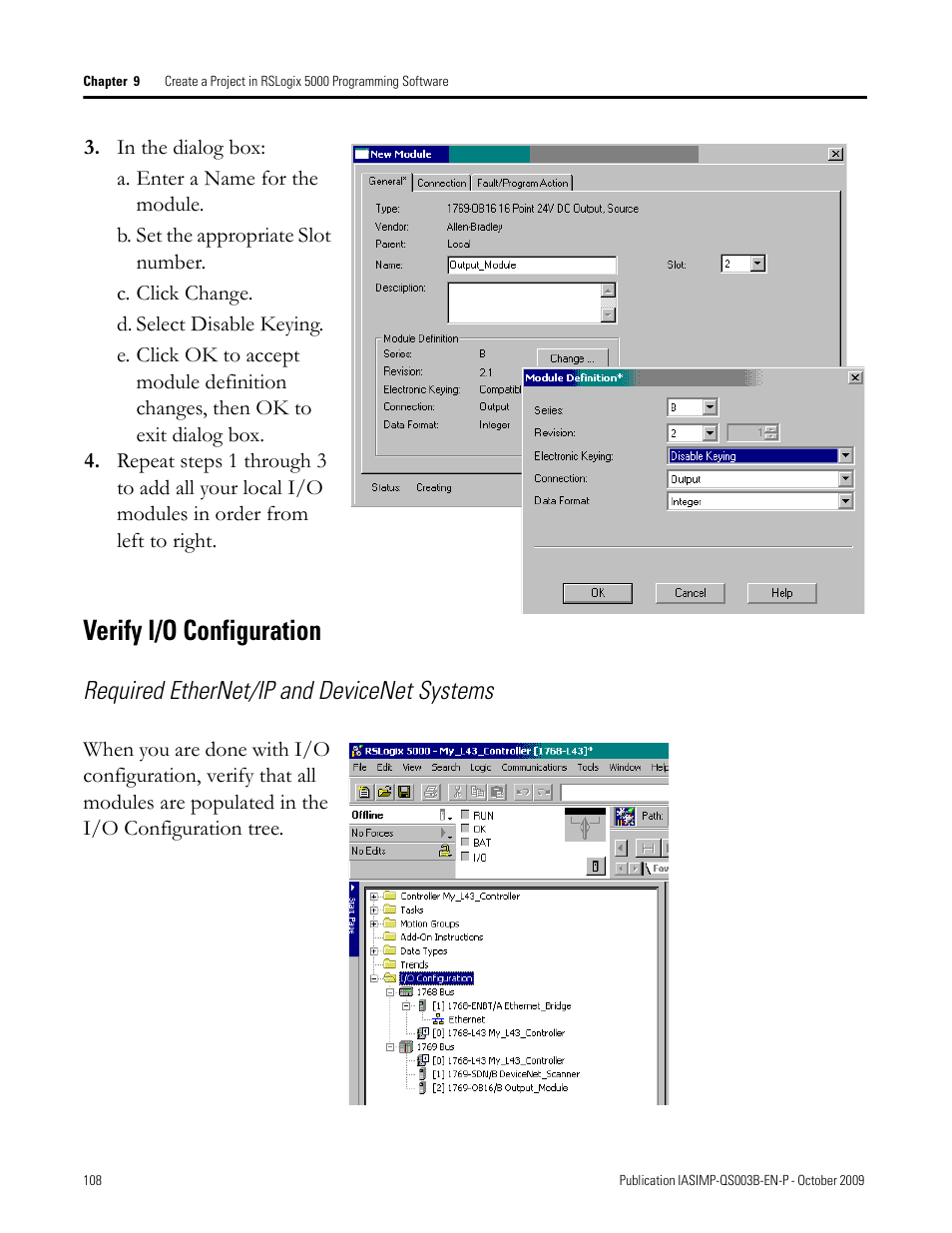 Verify i/o configuration, Verify i/o, Configuration | Required ethernet/ip and devicenet systems | Rockwell Automation 1768-L43 CompactLogix System Quick Start User Manual | Page 108 / 205