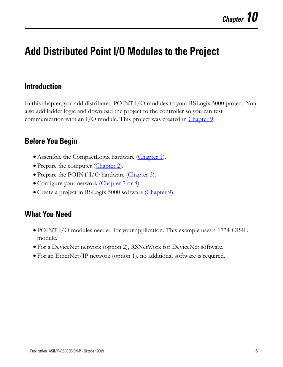 Add distributed point i/o modules to the project, Introduction, Before you begin | What you need, Add distributed point, I/o modules to the, Chapter 10, Introduction before you begin what you need | Rockwell Automation 1768-L43 CompactLogix System Quick Start User Manual | Page 115 / 205