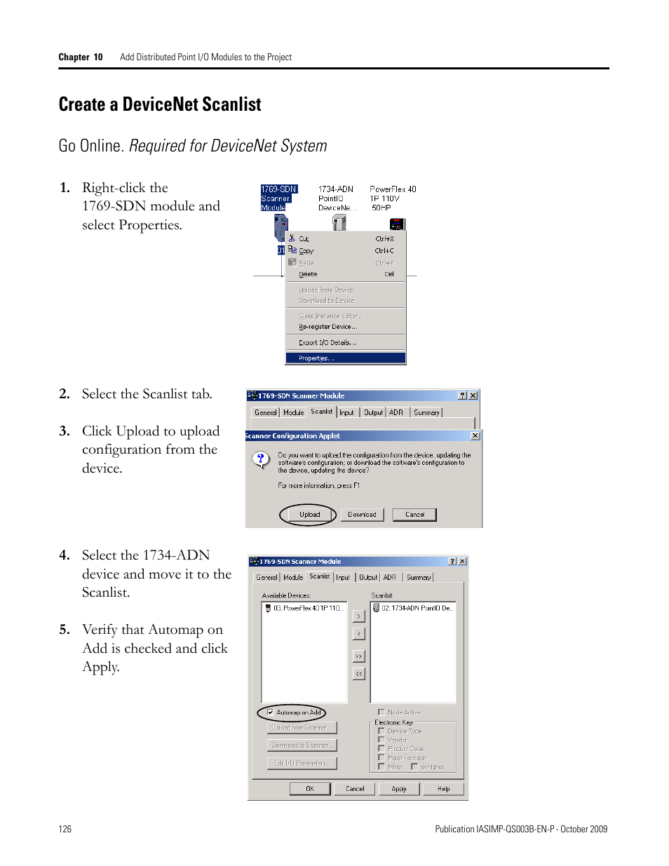 Create a devicenet scanlist, Create a, Devicenet | Scanlist, Go online . required for devicenet system | Rockwell Automation 1768-L43 CompactLogix System Quick Start User Manual | Page 126 / 205