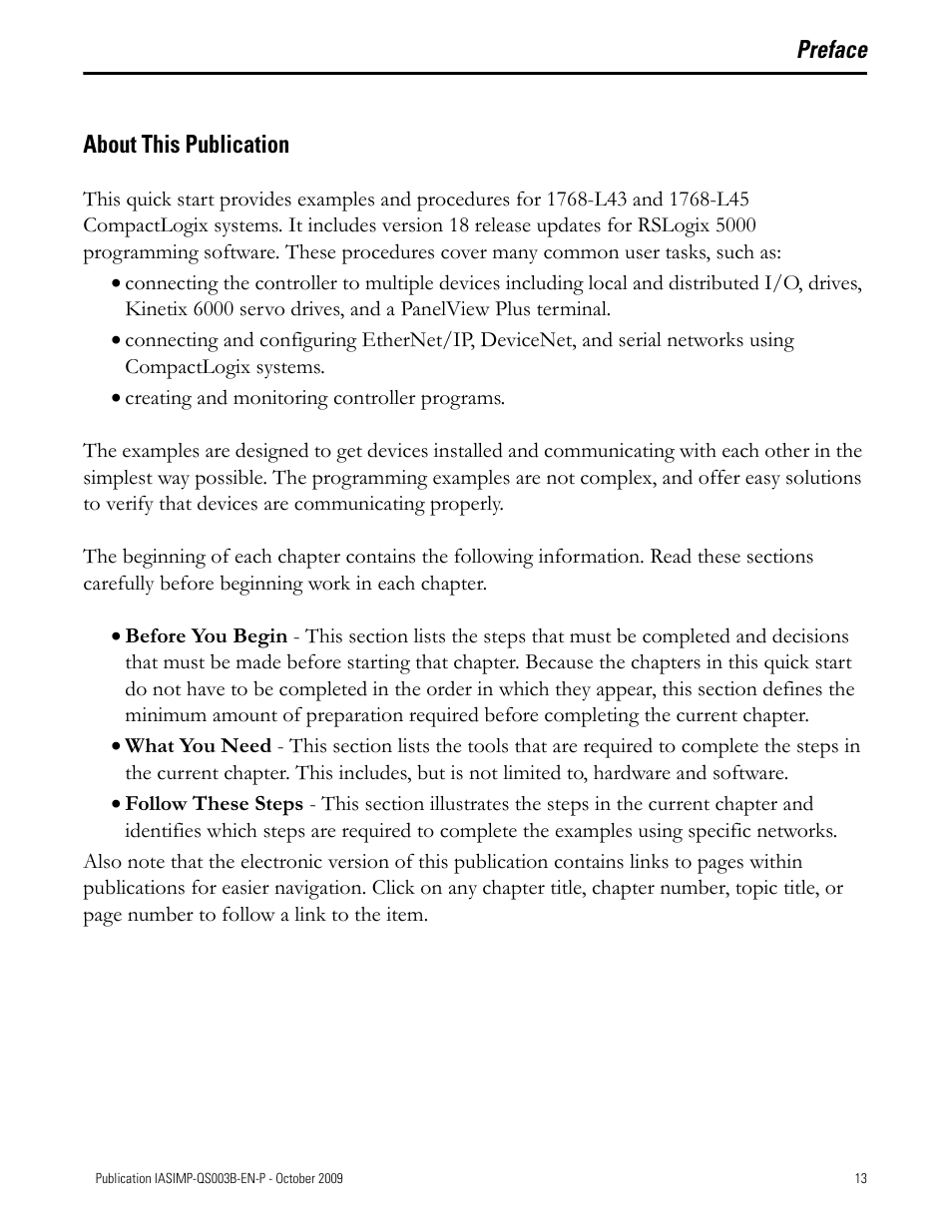 About this publication, Preface, Preface about this publication | Rockwell Automation 1768-L43 CompactLogix System Quick Start User Manual | Page 13 / 205