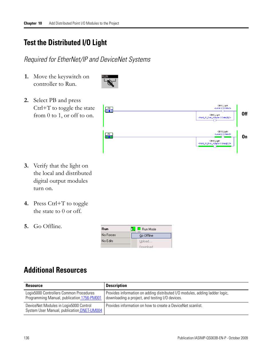 Test the distributed i/o light, Additional resources, Test the | Distributed i/o, Light, Required for ethernet/ip and devicenet systems | Rockwell Automation 1768-L43 CompactLogix System Quick Start User Manual | Page 136 / 205