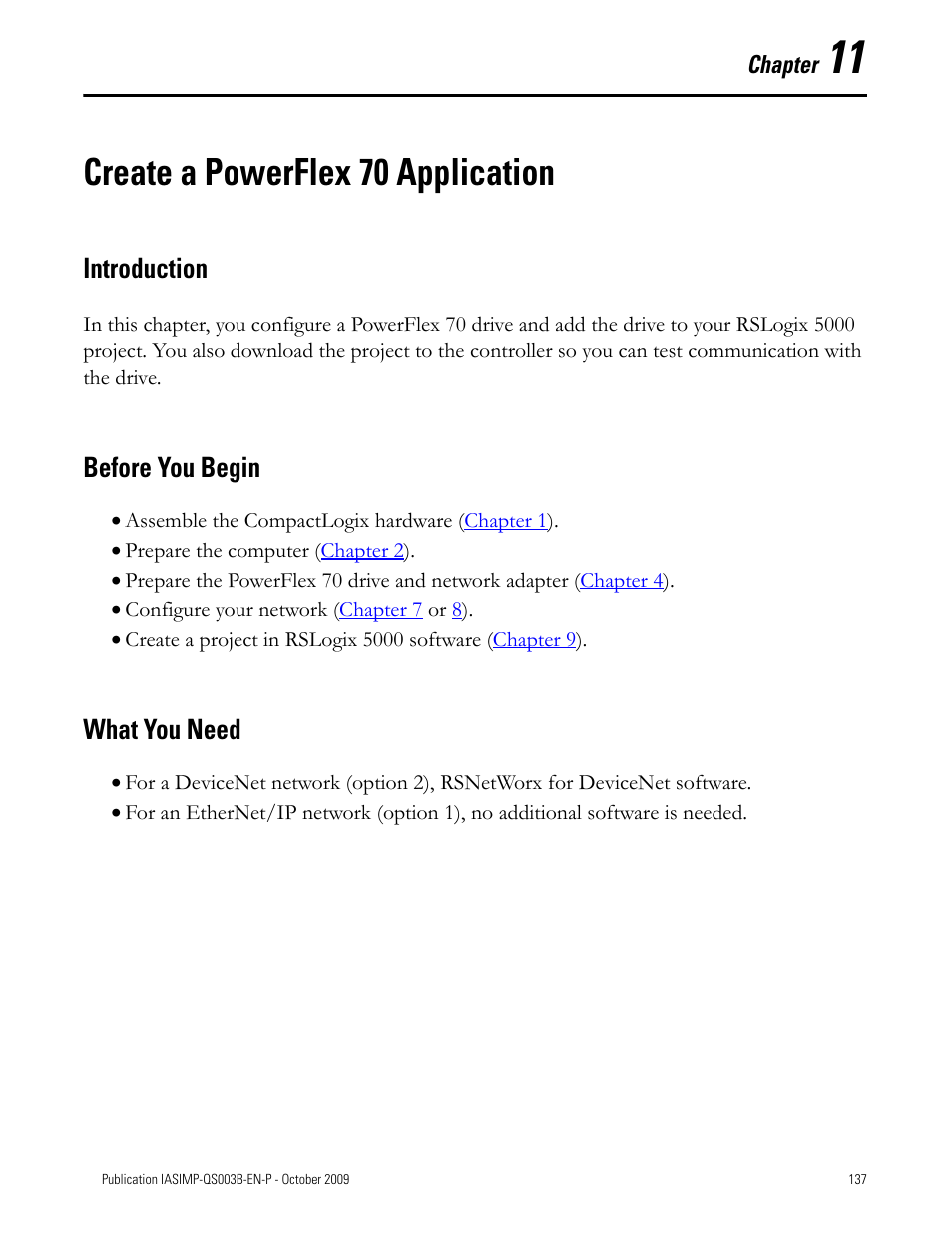 Create a powerflex 70 application, Introduction, Before you begin | What you need, Create a powerflex 70, Application, Chapter 11, Introduction before you begin what you need | Rockwell Automation 1768-L43 CompactLogix System Quick Start User Manual | Page 137 / 205
