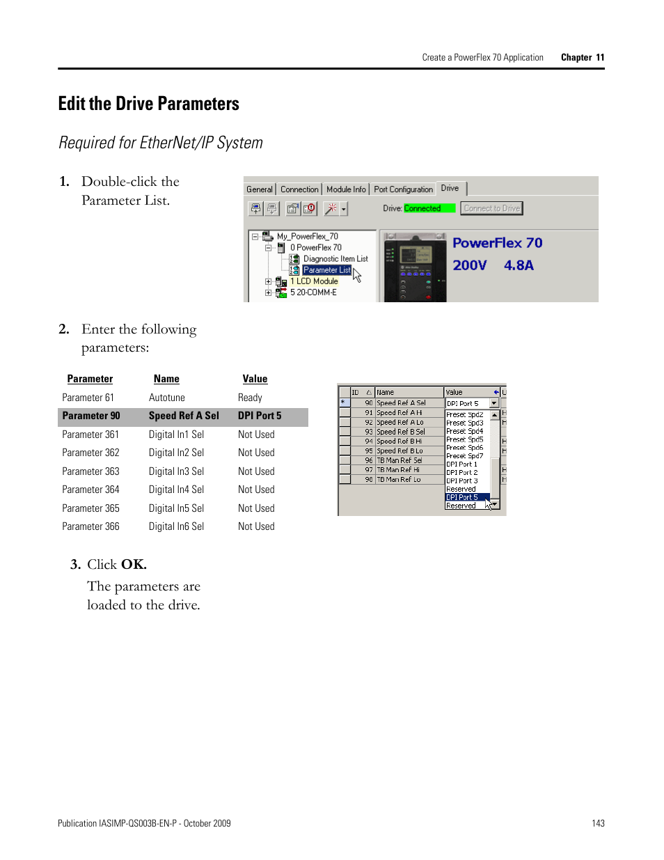 Edit the drive parameters, Edit the drive, Parameters | Required for ethernet/ip system | Rockwell Automation 1768-L43 CompactLogix System Quick Start User Manual | Page 143 / 205