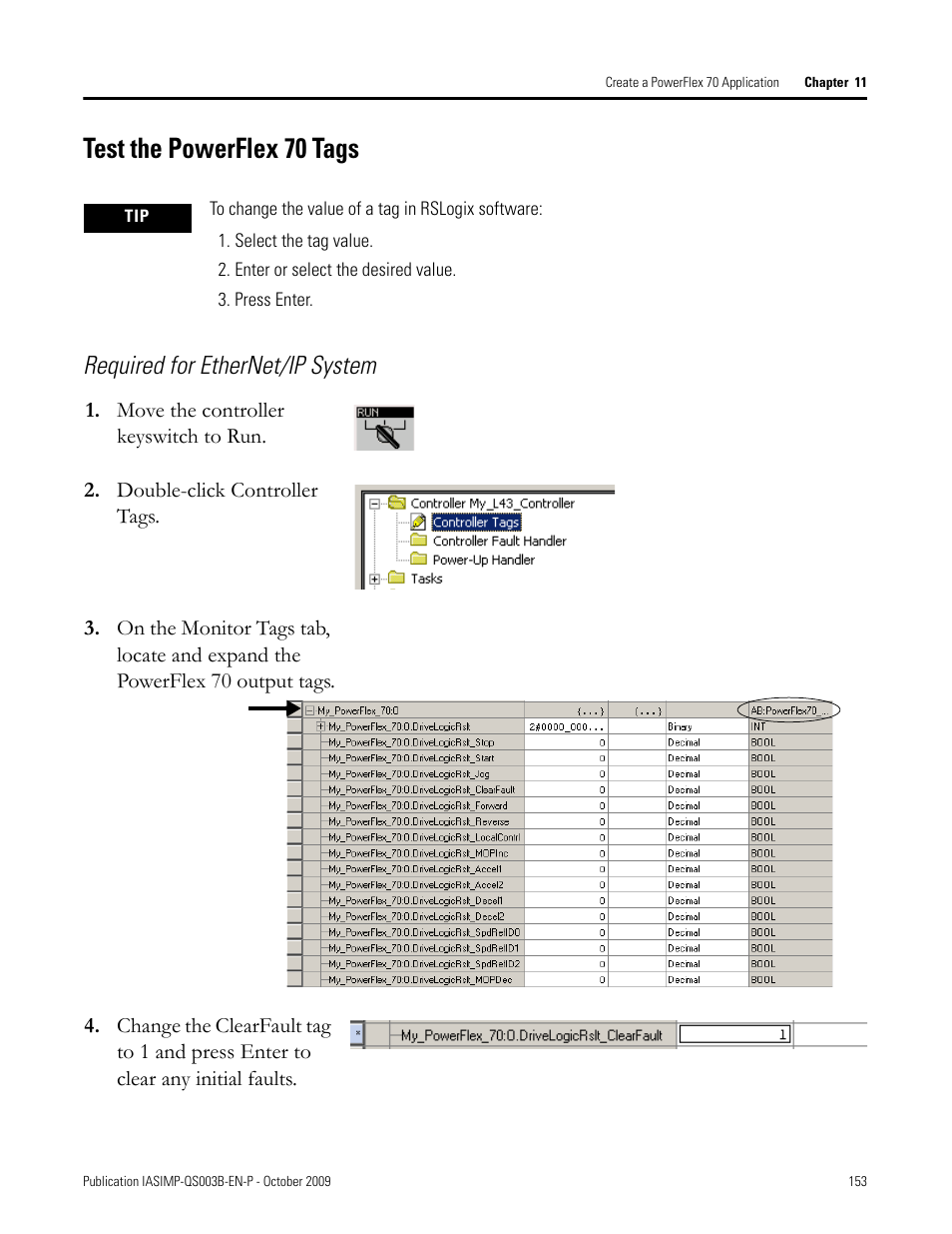 Test the powerflex 70 tags, Test the powerflex, 70 tags | Required for ethernet/ip system | Rockwell Automation 1768-L43 CompactLogix System Quick Start User Manual | Page 153 / 205