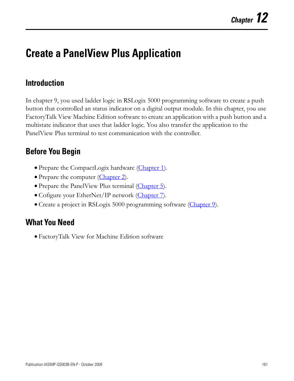 Create a panelview plus application, Introduction, Before you begin | What you need, Create a panelview plus, Application, Chapter 12, Introduction before you begin what you need | Rockwell Automation 1768-L43 CompactLogix System Quick Start User Manual | Page 161 / 205