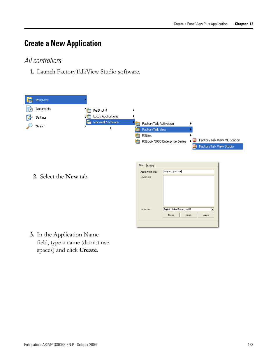 Create a new application, Create a new, Application | All controllers | Rockwell Automation 1768-L43 CompactLogix System Quick Start User Manual | Page 163 / 205