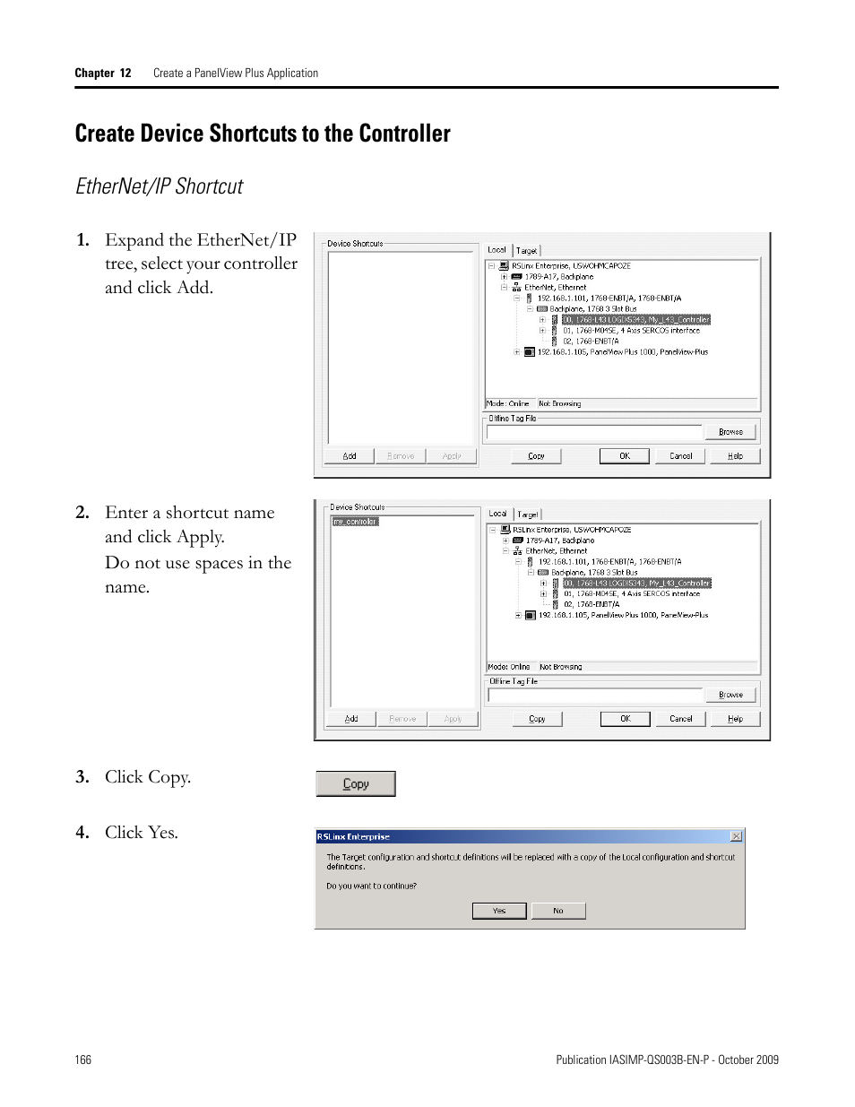 Create device shortcuts to the controller, Create device, Shortcuts to the | Controller, Ethernet/ip shortcut | Rockwell Automation 1768-L43 CompactLogix System Quick Start User Manual | Page 166 / 205