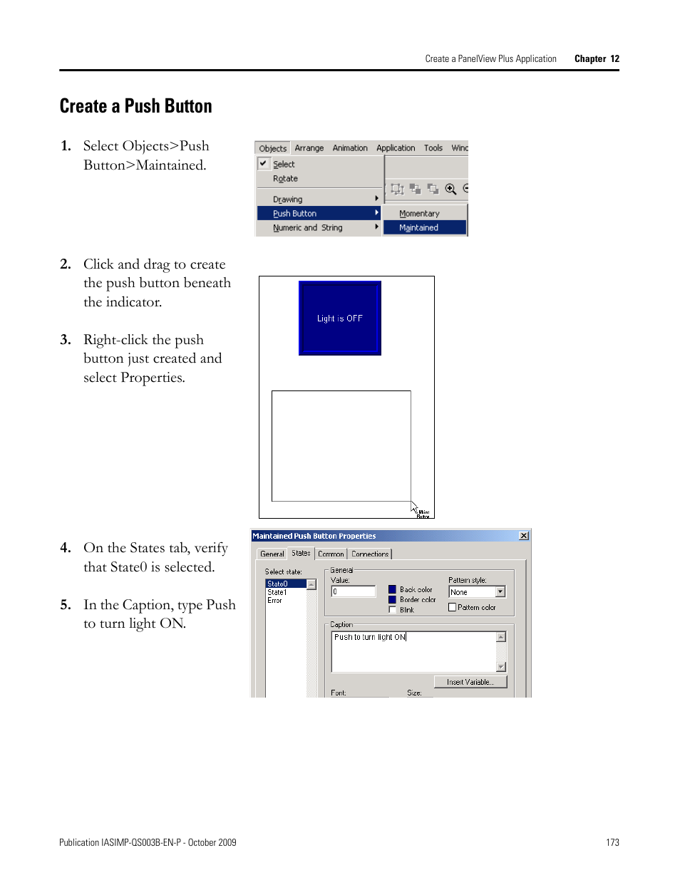 Create a push button, Create a push, Button | Rockwell Automation 1768-L43 CompactLogix System Quick Start User Manual | Page 173 / 205